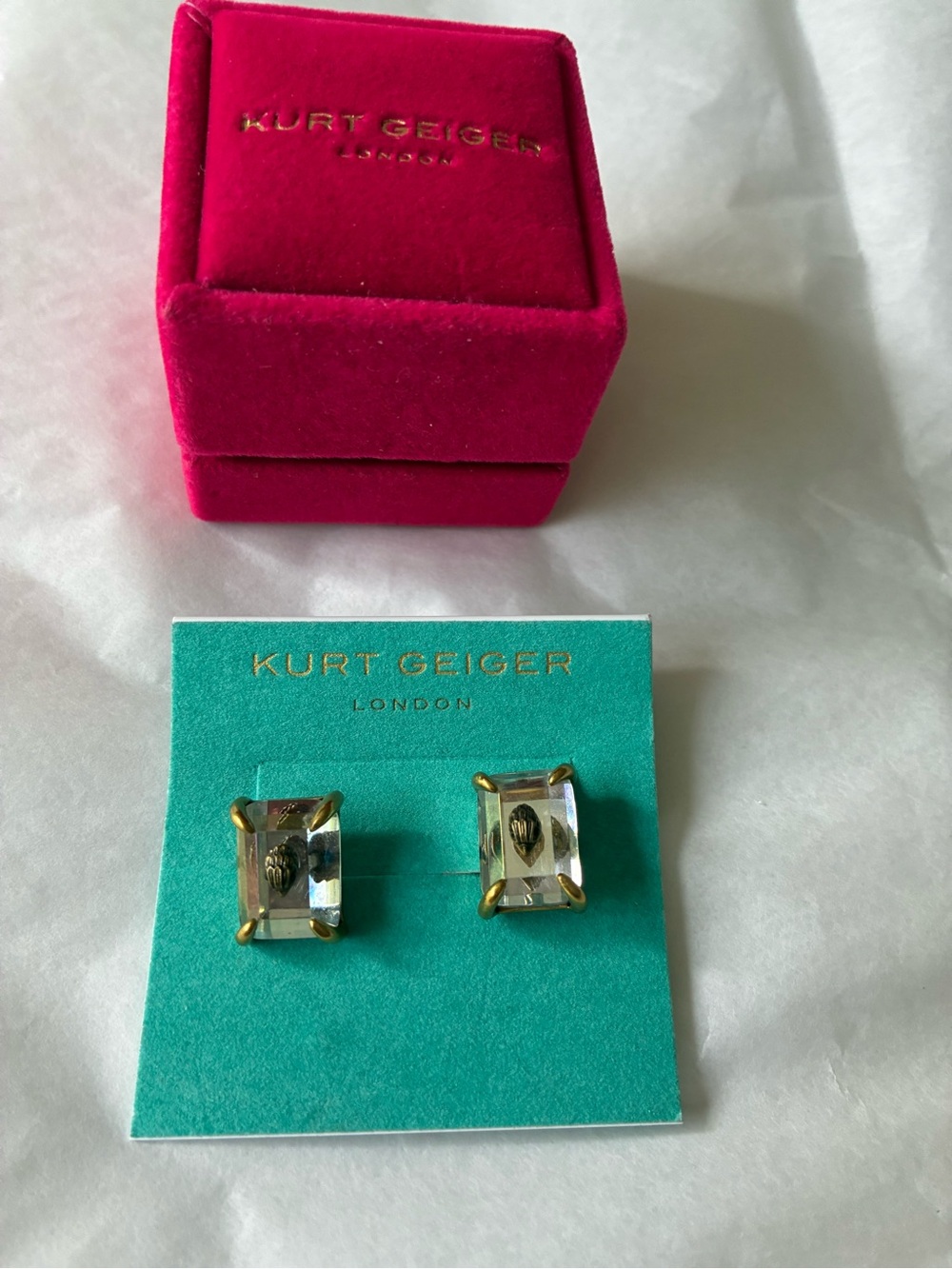 Kurt Geiger Clear Crystal Rectangle Studs with Gold Prongs